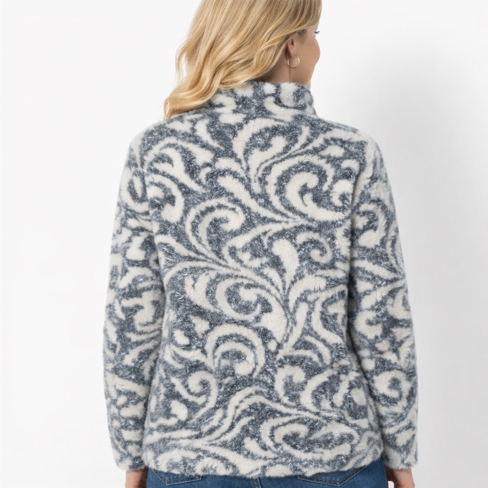 Chico’s Plush Fuzzy ¼-Zip Sweater Sweatshirt Gray White Abstract Size 3 (XL/16) - Picture 4 of 13